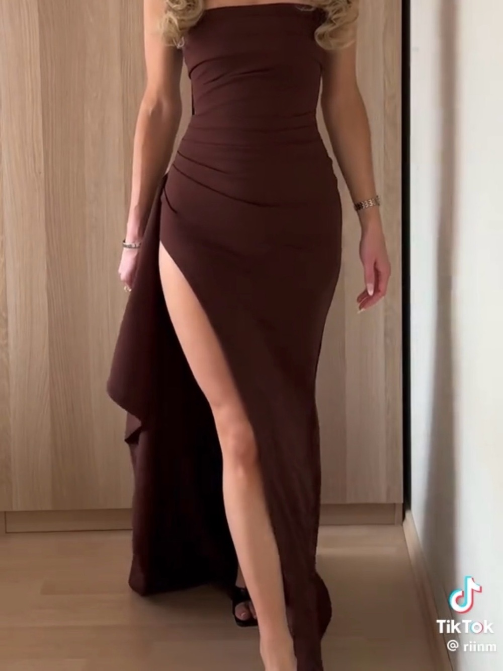 Strapless Brown Maxi Dress with High Side Thigh Slit - Picture 2 of 4